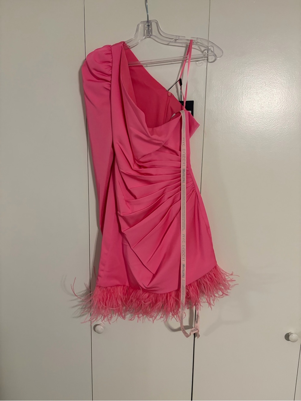 Mac Duggal Hot Pink One-Shoulder Feather Hem Mini Dress